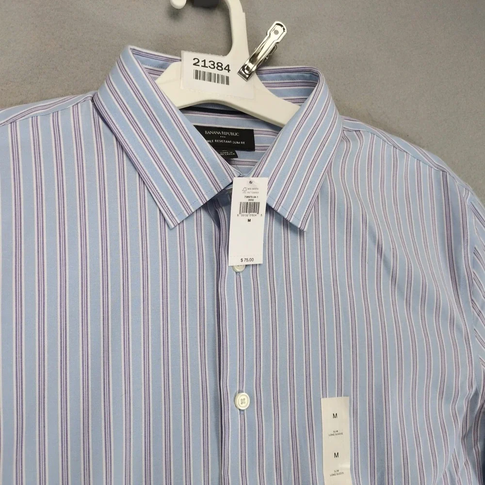 NWT Banana Republic Dress Shirt Mens M Blue Striped Slim Fit Wrinkle Resistant